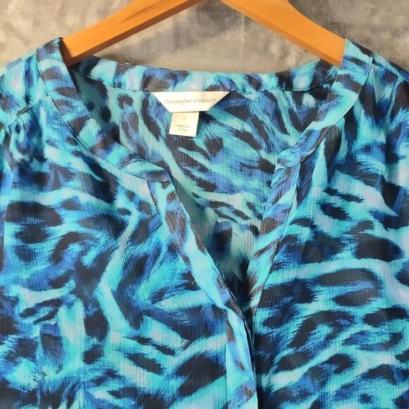 Christopher & Banks Womens Top Large Blue Ombre Animal Print Blouse Sheer Vibe - Picture 2 of 8